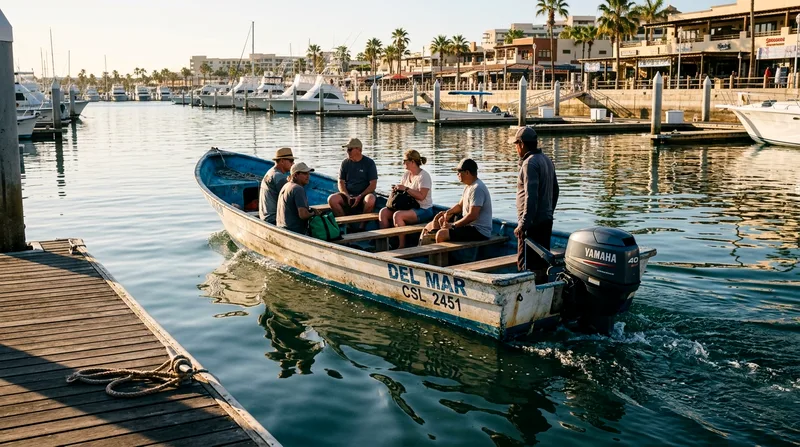 Small panga boat departing the marina dock in early morning light with few passengers aboard.