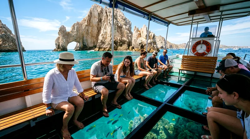 Passengers viewing El Arco from glass bottom boat tour in Cabo San Lucas