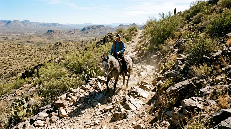 Horseback rider navigating steep rocky desert trail in daylight.