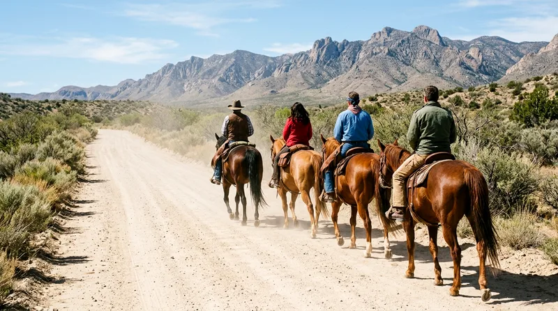 Group of three riders following a guide on a dirt ranch road.