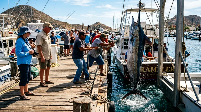 Tourists watching fishermen unload a marlin catch at the marina dock.