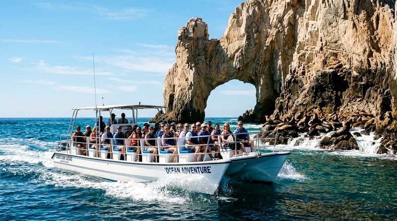 Glass-bottom boat with passengers approaching El Arco rock formation and sea lion colony.