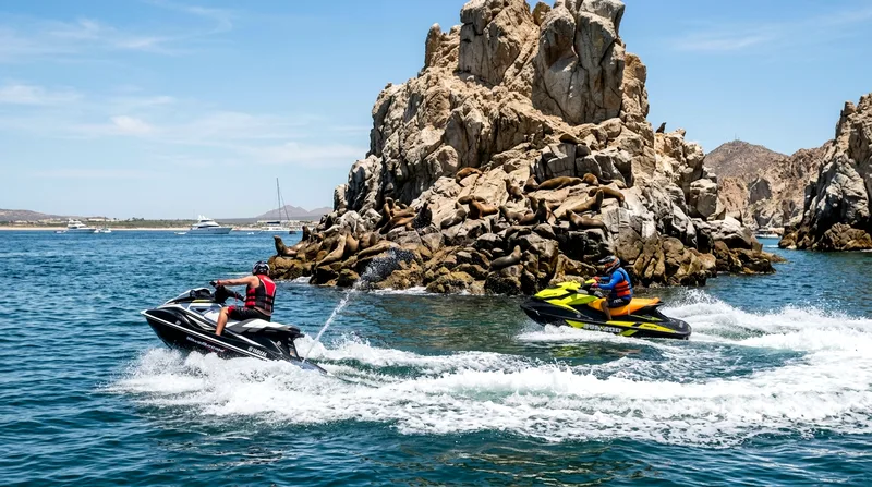 Two jet skiers circling Pelican Rock with sea lions visible on the rocks nearby.