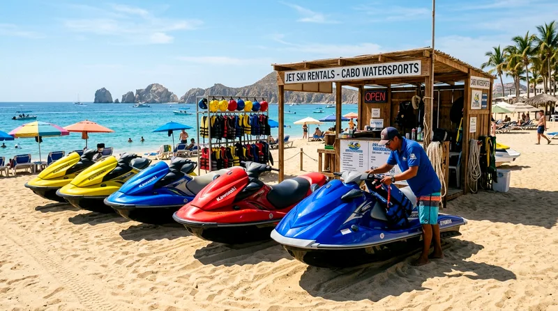 Row of jet skis and helmets at Medano Beach rental stand in morning light.