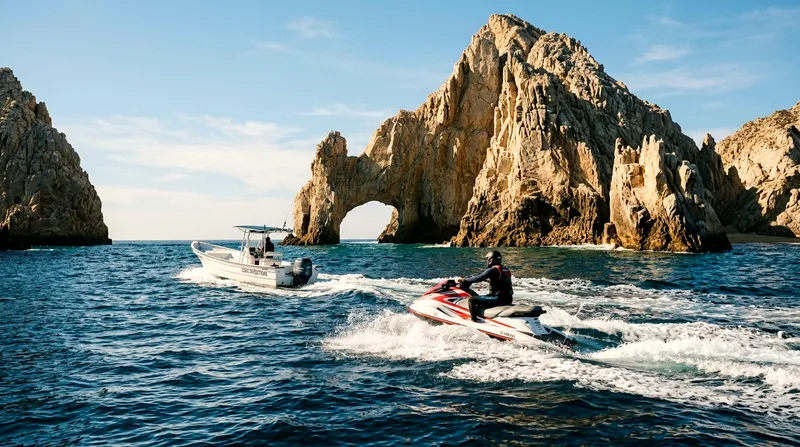 Jet skier following guide boat toward El Arco at moderate speed in clear water.