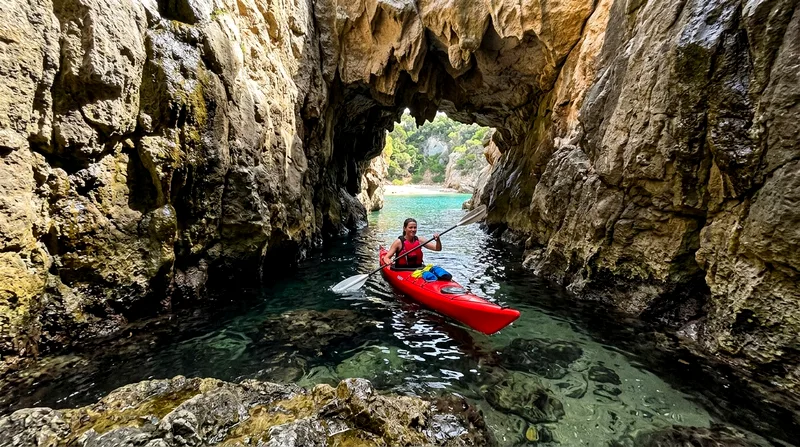 Kayaker passing through narrow rock passage near Lover's Beach.