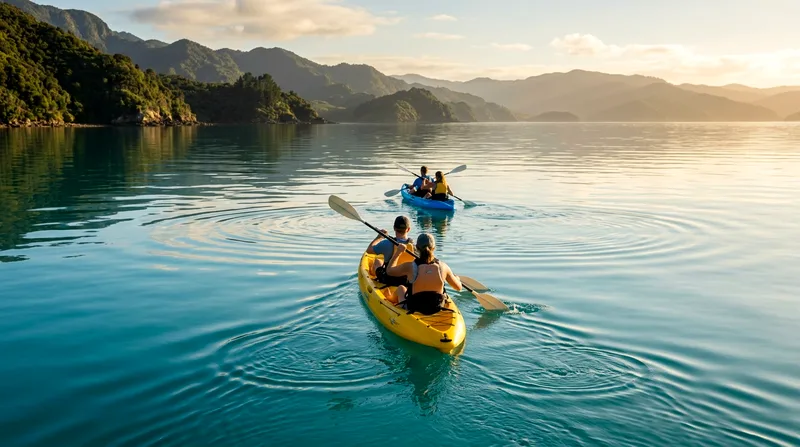 Two kayakers paddling across calm bay water in late afternoon light.