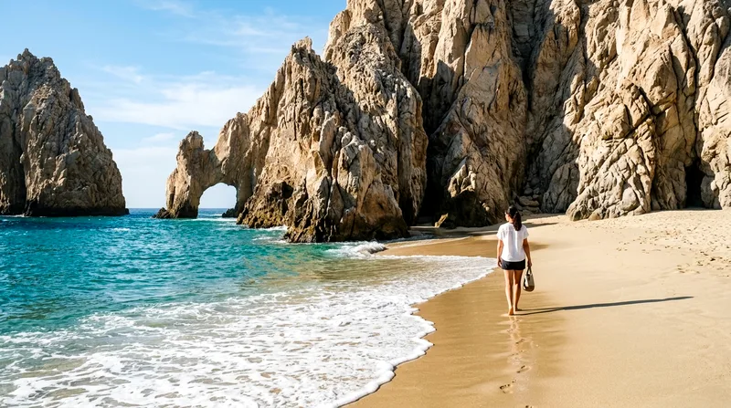 Visitor walking along Lover's Beach shoreline with rocky cove walls.