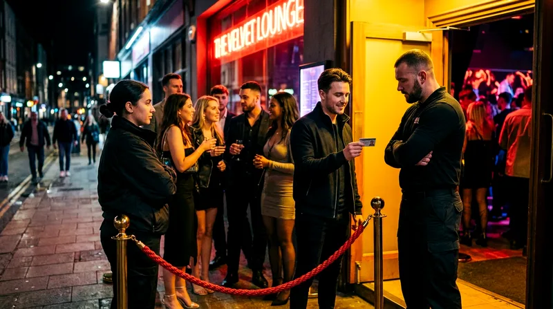 Security staff checking guest IDs at a nightclub entrance with a waiting line visible.