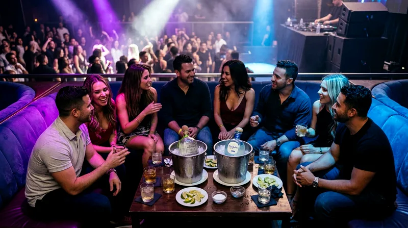VIP table with six guests, bottle service, and cocktails on an elevated platform in a nightclub.