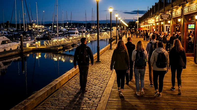 Tour group following a guide along the lit Marina Cabo boardwalk at night.