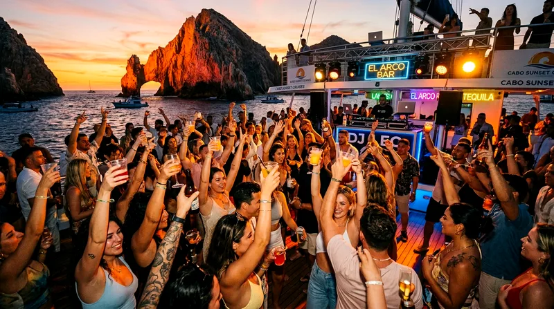 Sunset party boat packed with dancers holding drinks with El Arco glowing on the horizon.