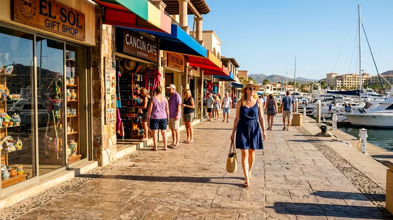 Cruise passenger shopping at Marina Cabo storefronts and boutiques.