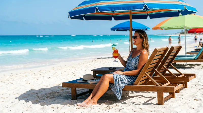 Cruise passenger enjoying drink on Medano Beach lounger at midday.