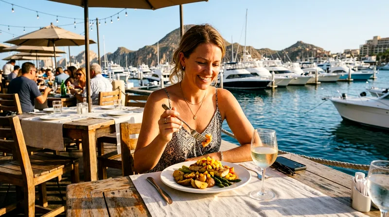 Cruise passenger dining at waterfront restaurant overlooking Marina Cabo boats.
