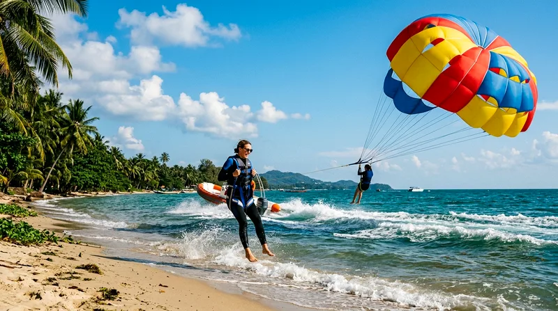 Parasailer at water level during launch from Medano Beach with chute filling.