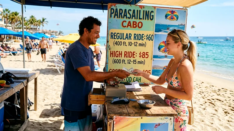 Parasail operator at beach stand accepting payment with price menu board visible.