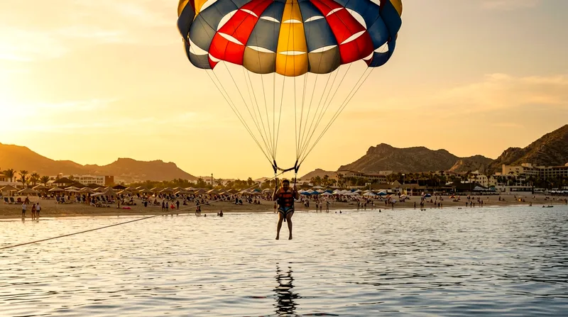 Parasailer descending toward Medano Beach at sunset with landing zone and beachgoers visible.