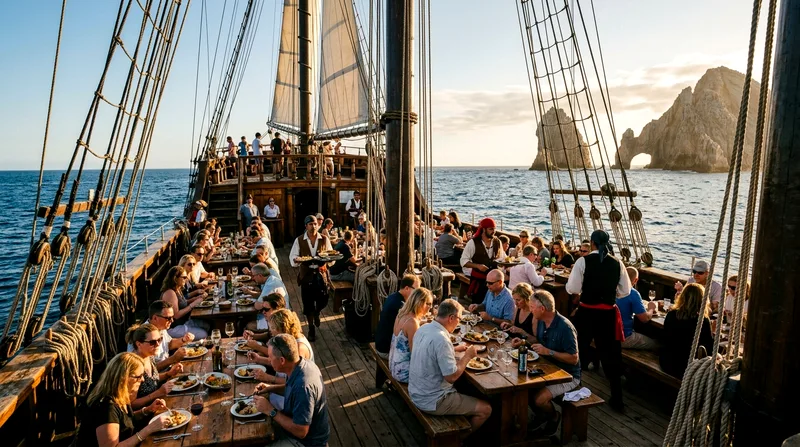 Pirate ship deck with passengers dining at tables and costumed crew serving during golden hour.