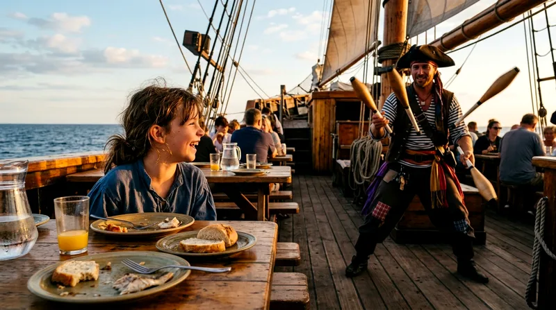 Child laughing while watching costumed pirate performer on dinner cruise deck.