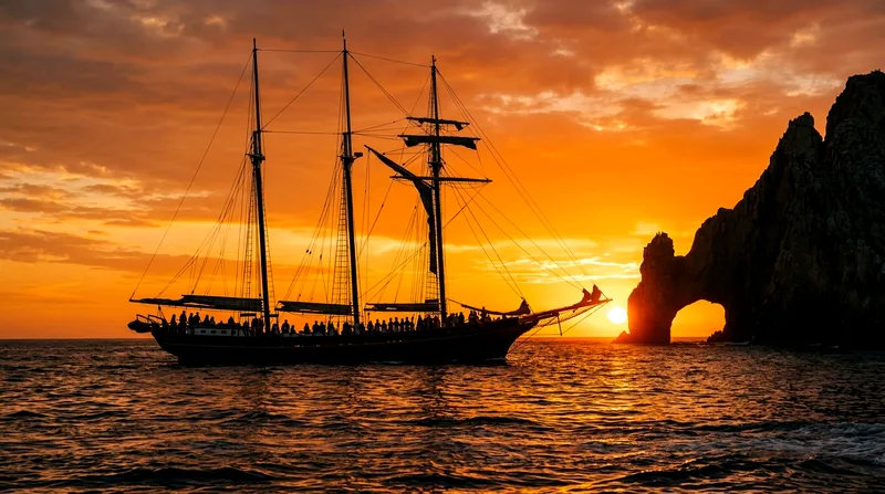 Pirate ship silhouetted against El Arco during sunset with passengers watching from deck.