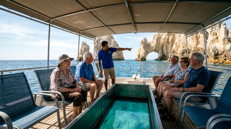 Senior passengers on covered catamaran viewing Land's End rocks from shaded deck.