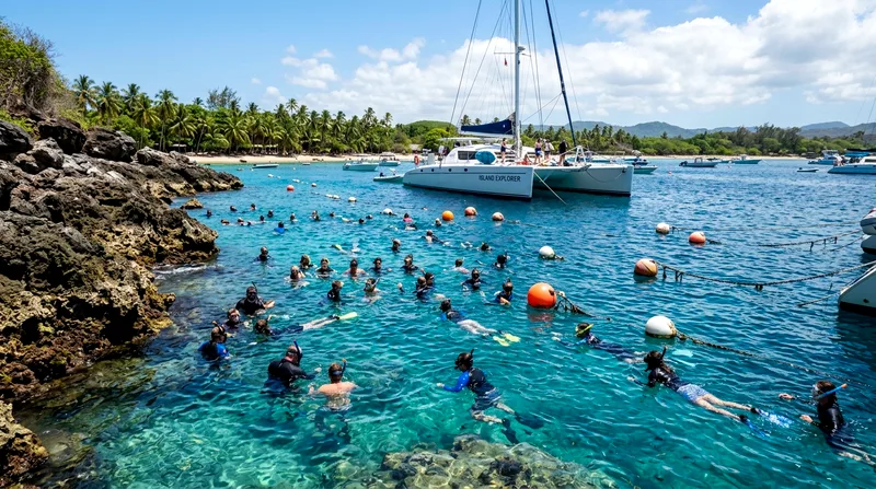 Large group of thirty snorkelers in water with anchored catamaran and rocky shore behind.