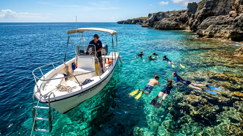 Private snorkel charter boat with six passengers and crew preparing to move to the next reef.