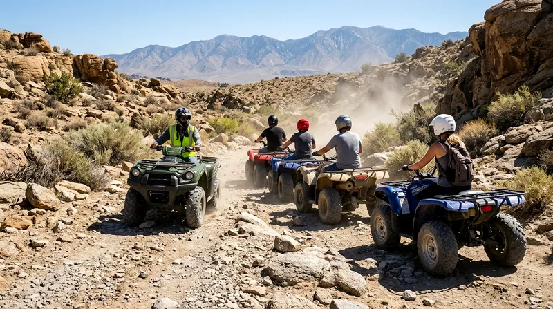 Group ATV riders following guide on desert trail through rocky foothills.