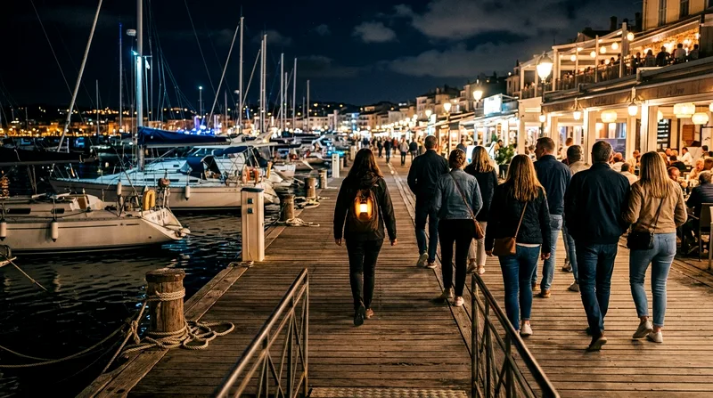 Group of solo travelers on nighttime bar crawl tour walking along Marina Cabo pier.