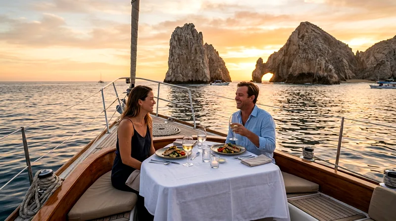 Intimate dinner table set for two on a sailboat deck at sunset with El Arco on the horizon.
