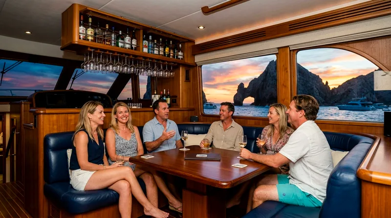 Interior cabin of motor yacht with open bar and seated passengers watching sunset through windows.
