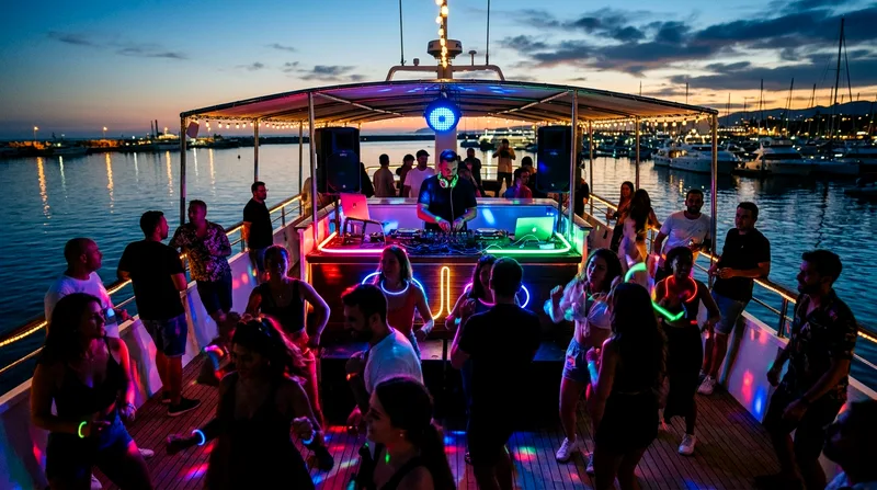 Party boat deck at dusk with dancers, DJ, and marina lights reflecting on water behind.