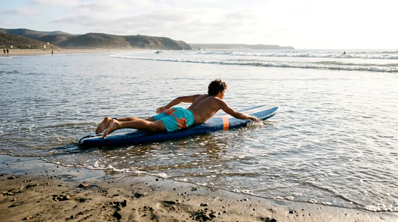 Beginner paddling out at Cerritos Beach in small waves.