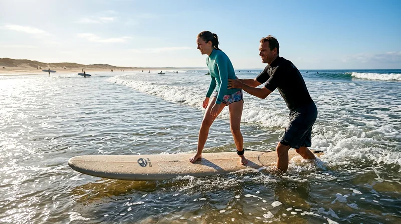 Surf instructor guiding student during lesson in shallow water.