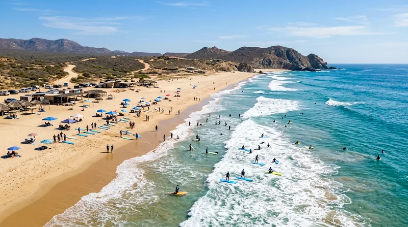 Aerial view of Cerritos Beach surf break near Cabo San Lucas for beginner lessons