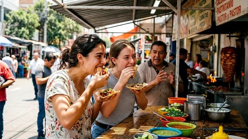 Two tourists tasting different types of tacos at a downtown street stall.