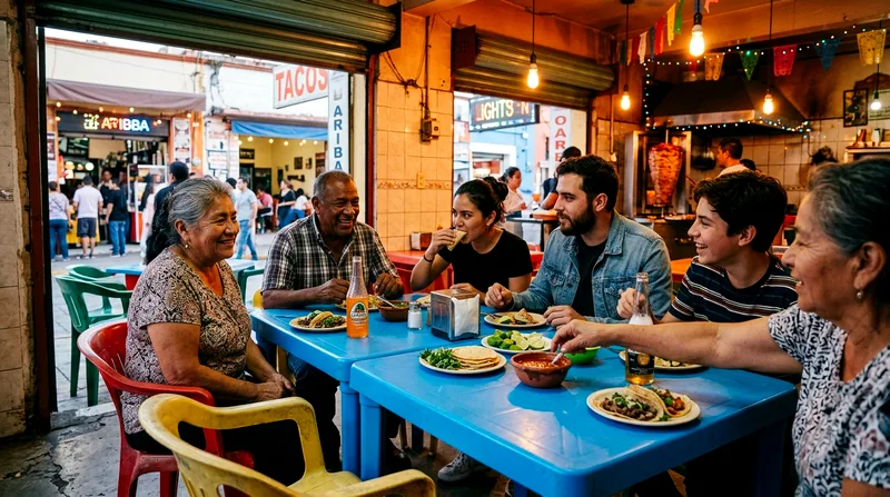 Group of five diners seated at a small table in a casual local taco restaurant.