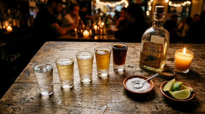 Tequila tasting flight with five different varieties at outdoor cantina.