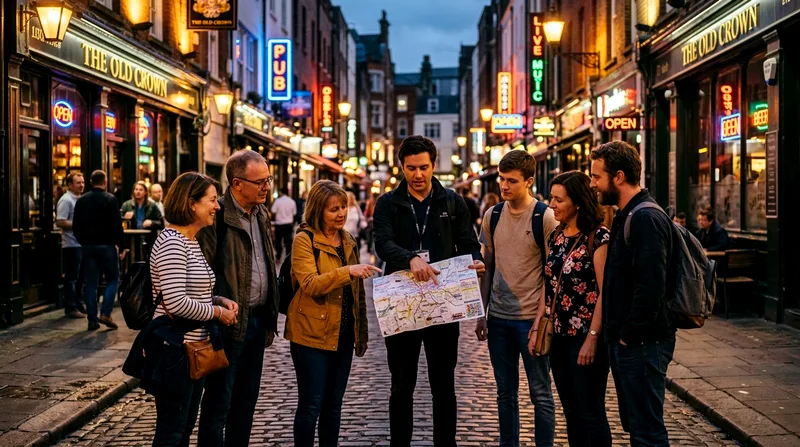 Tour group of six on a street bar crawl with guide consulting map at night.