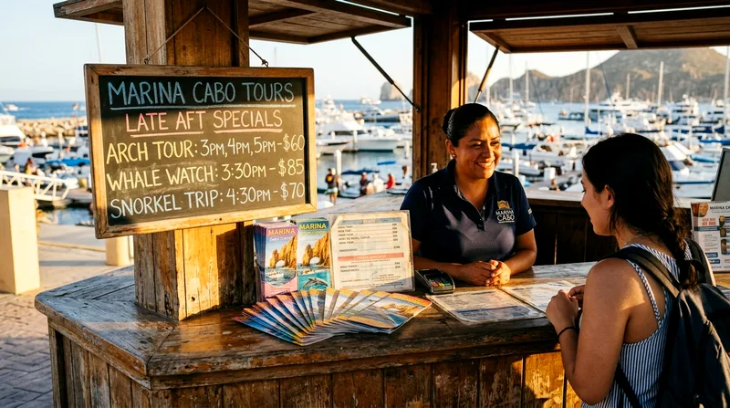 Marina ticket booth with handwritten price board and paper brochures displayed on counter.
