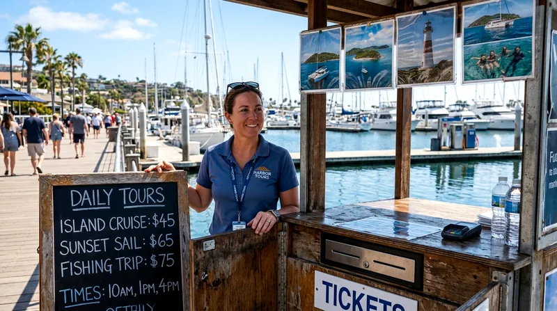 Tour operator at a dockside ticketing kiosk displaying prices and boat tour photos.