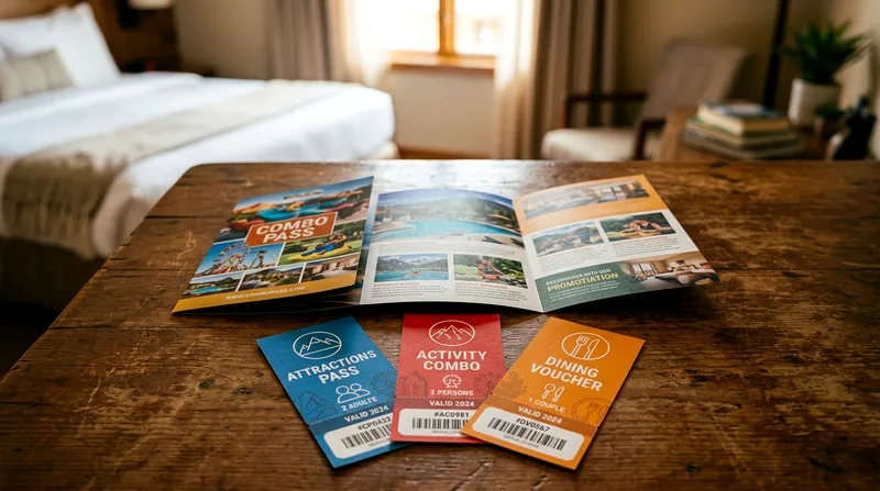 Printed combo pass brochure with three colored activity voucher tickets displayed on a table.