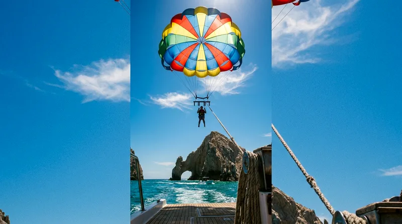 Parasailer suspended high above Medano Bay with El Arco visible below.