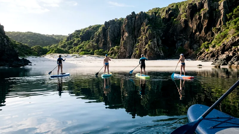 Four paddleboarders on calm water near Lover's Beach with white sand and rocky outcrops.