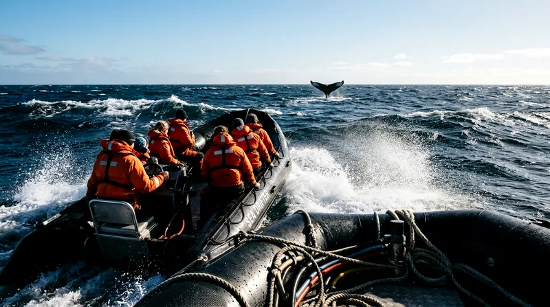 Zodiac boat with passengers heading toward a whale breach in choppy water.