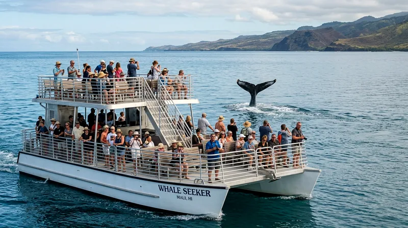 Large catamaran crowded with tourists watching a distant whale fluke in calm water.
