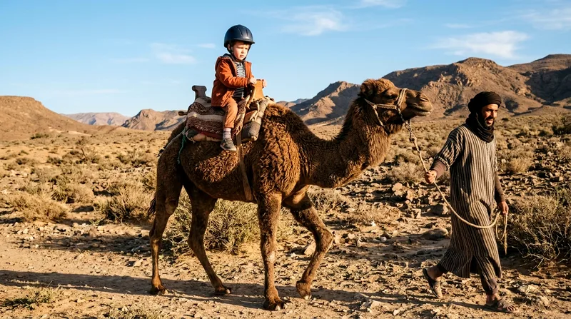 Child in helmet riding camel with guide at Wild Canyon desert area.