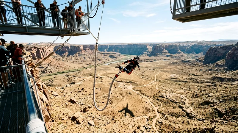 Bungee jumper suspended mid-bounce above ground with cord and platform visible.