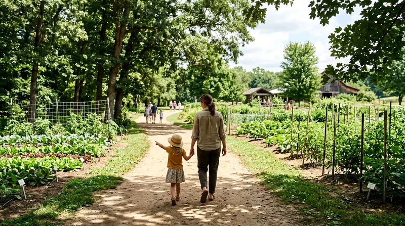 Parent and toddler walking together on a shaded farm path between vegetable rows at Flora Farms.